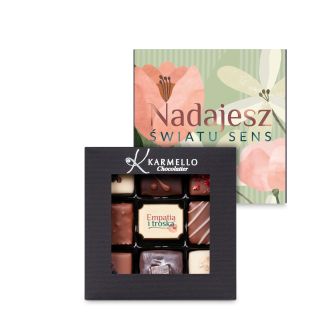 Kollektion mit 9 Pralinen, “Du gibst der Welt Sinn“-Banderole